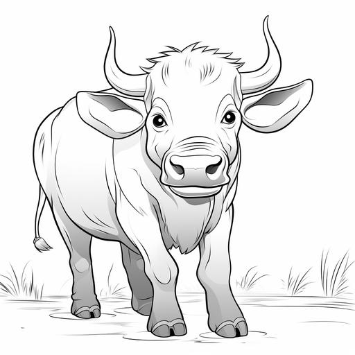 coloring page for kids, cute african buffalo, cartoon style, thick lines, low detail, no shading, no color, black and white--ar 9:11