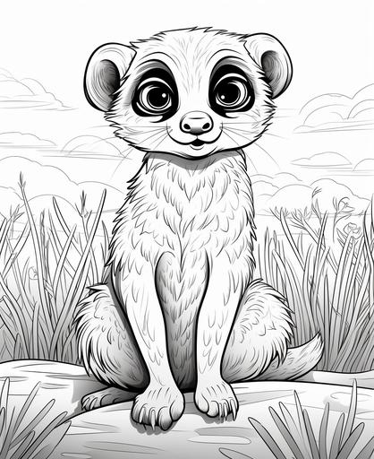 coloring page for kids, cute animal meerkat, cartoon style, thick lines, low detail, no shading --ar 9:11