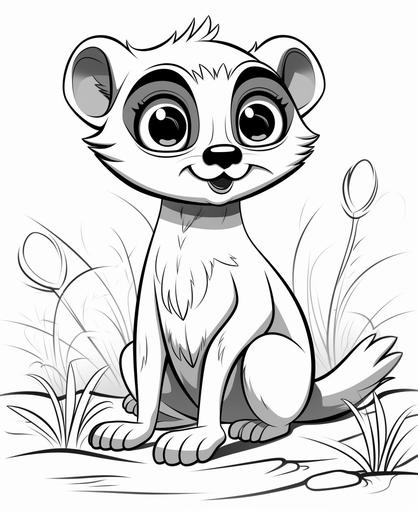 coloring page for kids, cute animal meerkat, cartoon style, thick lines, low detail, no shading --ar 9:11