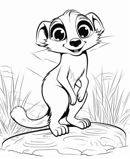 coloring page for kids, cute animal meerkat, cartoon style, thick lines, low detail, no shading --ar 9:11