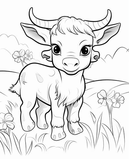 coloring page for kids, cute baby longhorn bull in a meadow, no shading, thick lines, black and white, cartoon style --ar 9:11