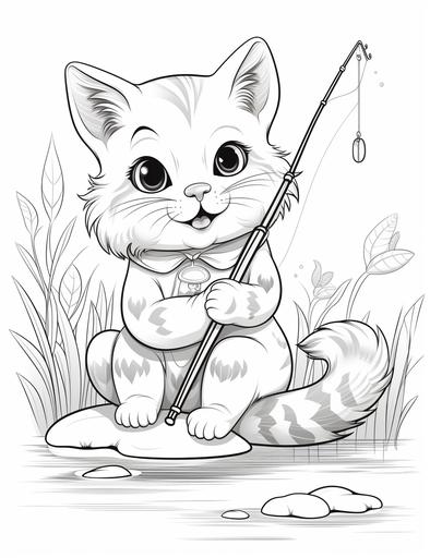 coloring page for kids, cute cat sitting by the side of a stream, catching fish, fishing rod, cartoon style, moderate detail, no shading, thick lines, black and white, white background --ar 85:110