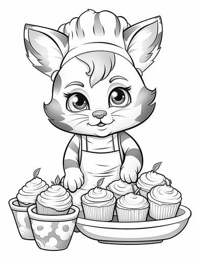 coloring page for kids, cute cat wearing apron, mixing bowl, spatula, cupcakes, cartoon style, moderate detail, no shading, thick lines, black and white, white background --ar 85:110