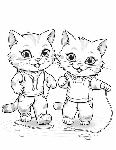 coloring page for kids, cute cats playing with skipping rope, jump rope, cartoon style, moderate detail, no shading, thick lines, black and white, white background --ar 85:110