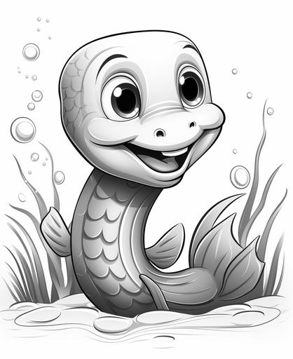 coloring page for kids, cute eel, cartoon style, thick lines, low detail, no shading --ar 9:11