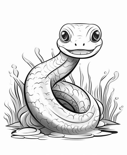 coloring page for kids, cute eel, cartoon style, thick lines, low detail, no shading --ar 9:11