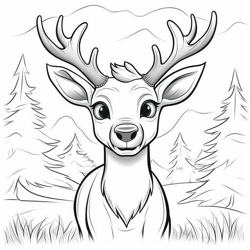 coloring page for kids, cute elk, cartoon style, thick lines, low detail, no shading
