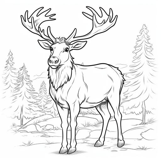 coloring page for kids, cute elk, cartoon style, thick lines, low detail, no shading