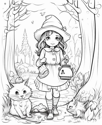 coloring page for kids, cute forest glen with a witch at her cauldron and a cat at her feet, cartoon style, thick lines, low detail, no shading --ar 9:11