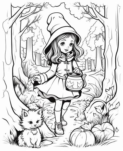 coloring page for kids, cute forest glen with a witch at her cauldron and a cat at her feet, cartoon style, thick lines, low detail, no shading --ar 9:11