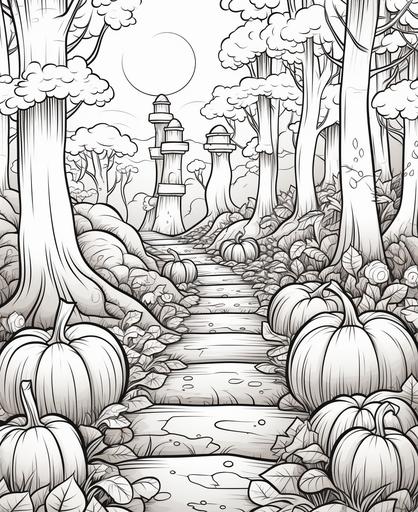 coloring page for kids, cute forest in fall with a stone path lined with pumpkins and candles, cartoon style, thick lines, low detail, no shading --ar 9:11