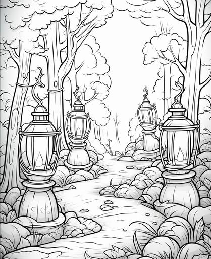 coloring page for kids, cute forest in fall with a stone path lined with pumpkins and candles, cartoon style, thick lines, low detail, no shading --ar 9:11