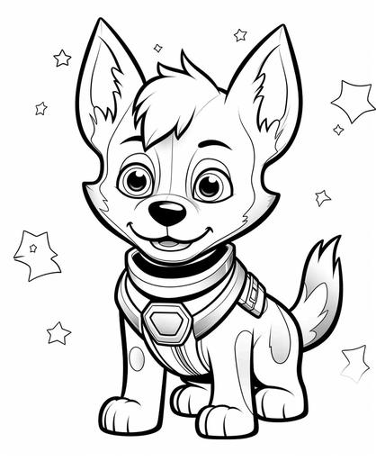 coloring page for kids, cute german shepherd in space, cartoon style, thick lines, simple detail, no shading --ar 9:11