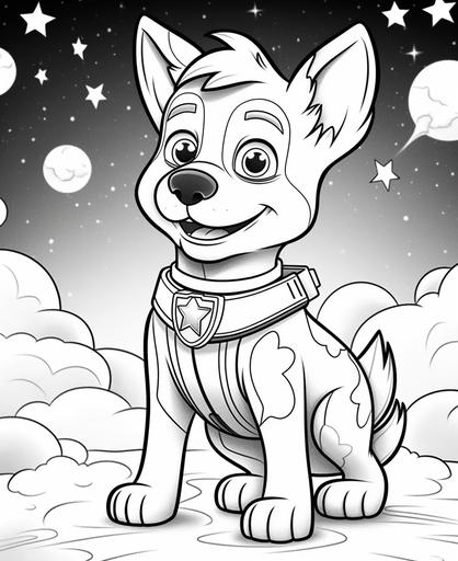 coloring page for kids, cute german shepherd in space, cartoon style, thick lines, simple detail, no shading --ar 9:11