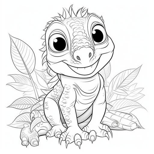 coloring page for kids, cute iguana, cartoon style, thick lines, low detail, no shading