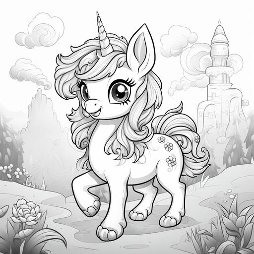 coloring page for kids, cute kitty unicorn, cartoon style, thick lines, low detail, no shading, no color, black and white--ar 9:11