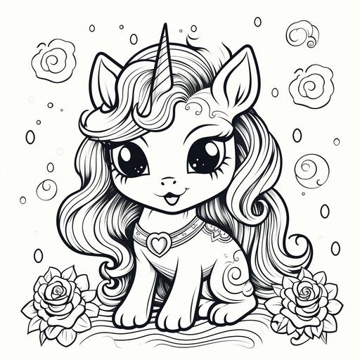 coloring page for kids, cute kitty unicorn, cartoon style, thick lines, low detail, no shading, no color, black and white--ar 9:11