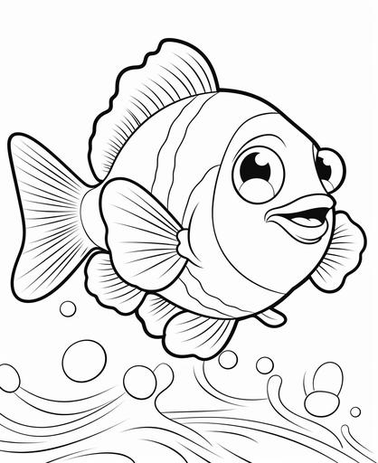 coloring page for kids, cute little clown fish, cartoon style, thick lines, low detail, no shading, no background --ar 9:11