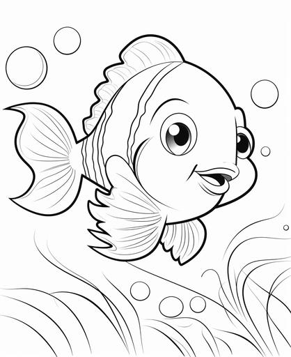 coloring page for kids, cute little clown fish, cartoon style, thick lines, low detail, no shading, no background --ar 9:11