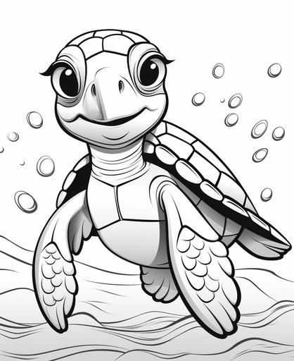 coloring page for kids, cute sea turtle, simple drawing, cartoon style, thick simple lines, low detail, no shading --ar 9:11