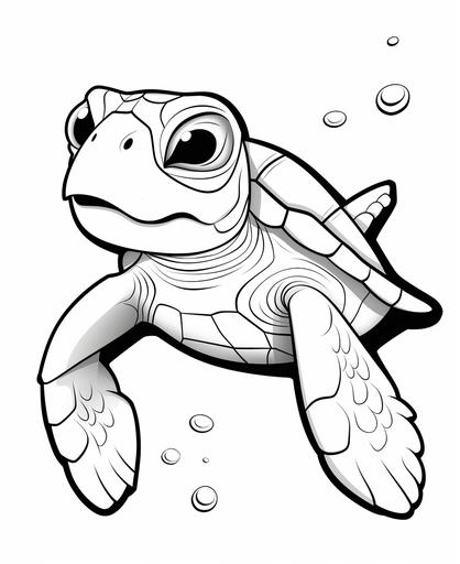 coloring page for kids, cute sea turtle, simple drawing, cartoon style, thick simple lines, low detail, no shading --ar 9:11