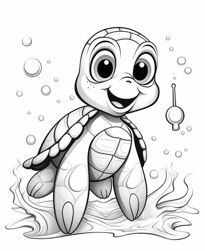 coloring page for kids, cute sea turtle, simple drawing, cartoon style, thick simple lines, low detail, no shading --ar 9:11