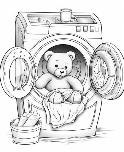coloring page for kids, cute teddy bear in washing machine, cartoon style, thick lines, low detail, no shading --ar 9:11