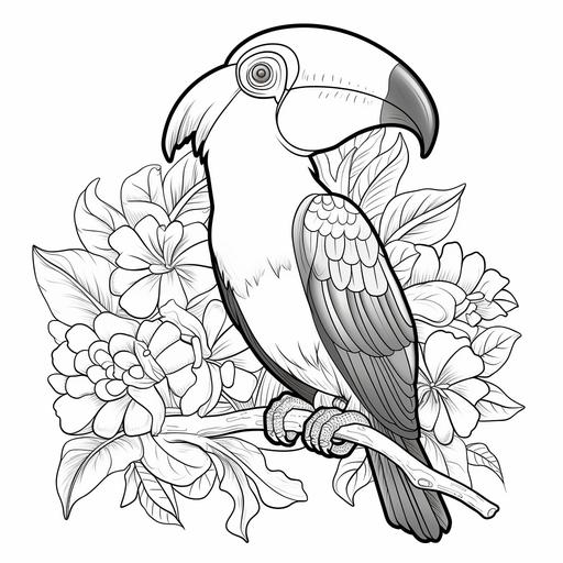 coloring page for kids, cute toucan, cartoon style, thick lines, low detail, no shading