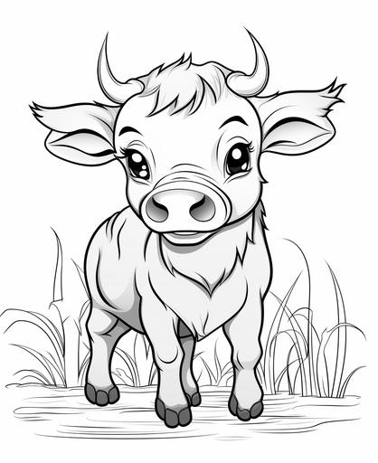 coloring page for kids, cute water buffalo baby, cartoon style, thick lines, low detail, no shading --ar 9:11