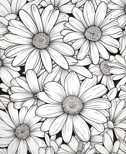 coloring page for kids, daisies, cartoon style, thick lines, low detail, no shading --ar 9:11