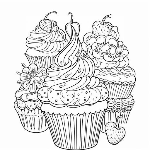 coloring page for kids, different cupcake pattern, cartoon style, thick lines, low detail, no shading