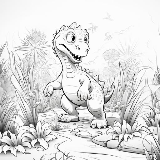 coloring page for kids, dinosaur standing next to plants, cartoon style, low details, no shadows