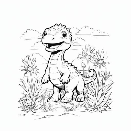 coloring page for kids, dinosaur standing next to plants, cartoon style, low details, no shadows