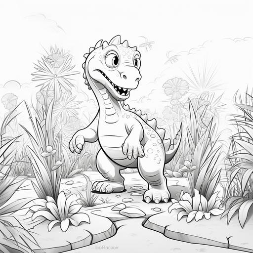 coloring page for kids, dinosaur standing next to plants, cartoon style, low details, no shadows