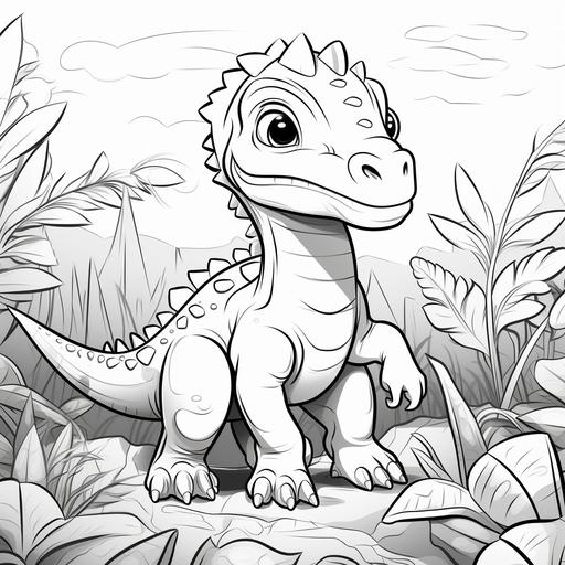 coloring page for kids, dinosaur standing next to plants, cartoon style, low details, no shadows