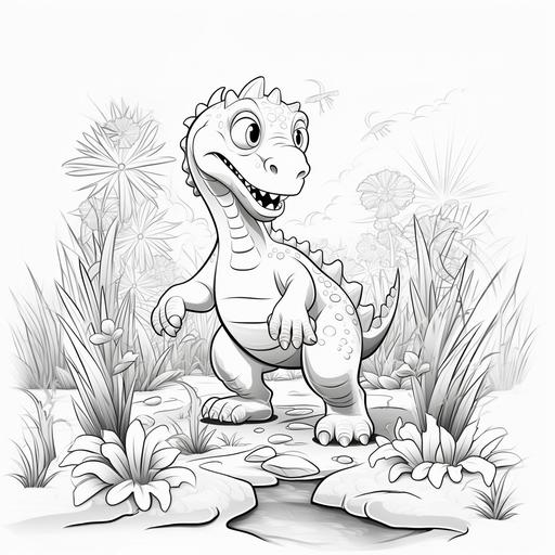 coloring page for kids, dinosaur standing next to plants, cartoon style, low details, no shadows