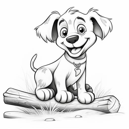 coloring page for kids, dog with his bone cartoon style, black and white ,thick lines, low detail, no shadows
