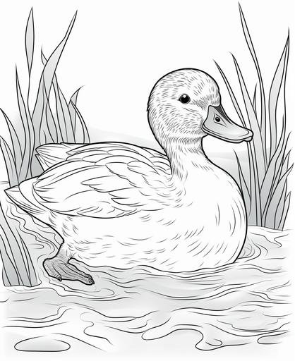 coloring page for kids, duck in water, cartton style, thick lines, no shading --ar 9:11