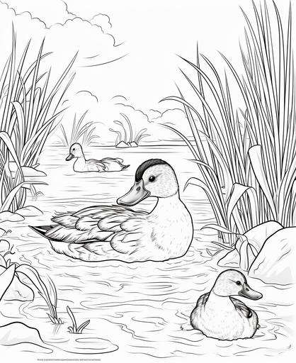 coloring page for kids, duck in water, cartton style, thick lines, no shading --ar 9:11