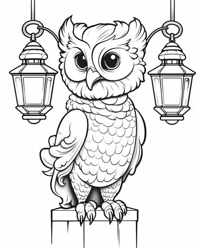 coloring page for kids from 6 to 10, halloween themed, cute owl, street, lanterns, cartoon styled, thick lines, low detail, black lines, white background, no shading, no gradient, --ar 9:11 --v 5.1