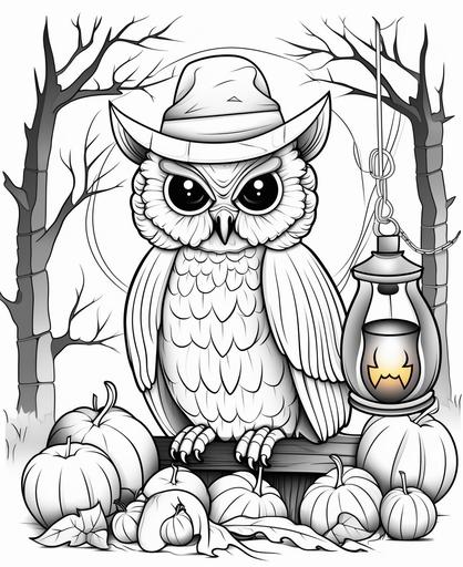 coloring page for kids from 6 to 10, halloween themed, cute owl, street, lanterns, cartoon styled, thick lines, low detail, black lines, white background, no shading, no gradient, --ar 9:11 --v 5.1