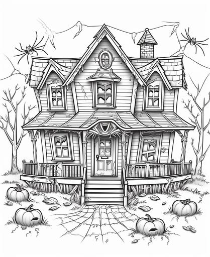coloring page for kids from 6 to 10, halloween themed, nice, house, tree, spider web, cartoon styled, thick lines, low detail, black lines, white background, no shading, no gradient, --ar 9:11 --v 5.1