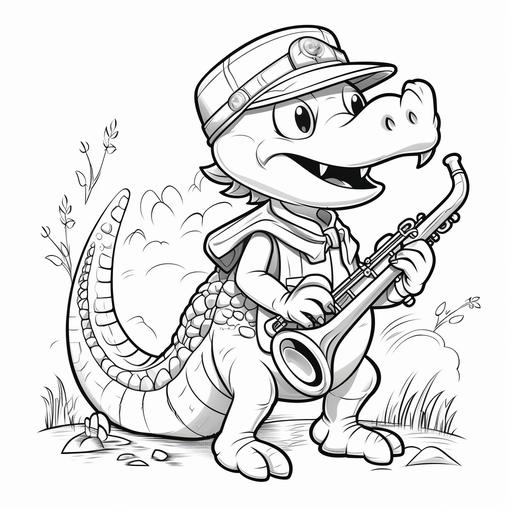 coloring page for kids, fun dino playing saxophone, cartoon style, thick lines, low detail, no shading 9:11