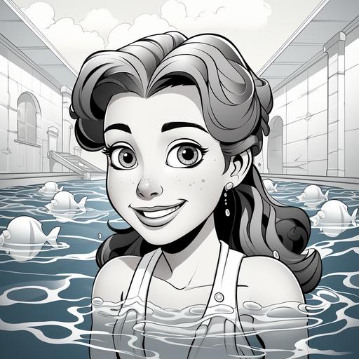coloring page for kids, genius 10 year old with ponytails swims in a large pool, cartoon style, thick lines, no detail, no shading — ar 9:11 --v 5.2 --s 750