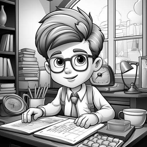 coloring page for kids, genius child as an accountant, cartoon style, thick lines, no detail, no shading — ar 9:11 --v 5.2 --s 750