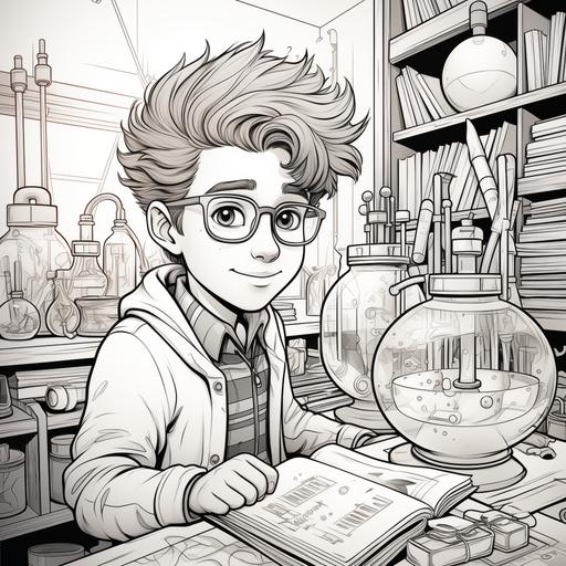 coloring page for kids, genius child in a science lab, cartoon style, thick lines, low detail, no shading — ar 9:11 --v 5.2 --s 750