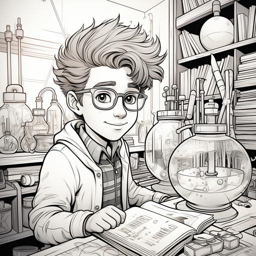 coloring page for kids, genius child in a science lab, cartoon style, thick lines, low detail, no shading — ar 9:11 --v 5.2 --s 750