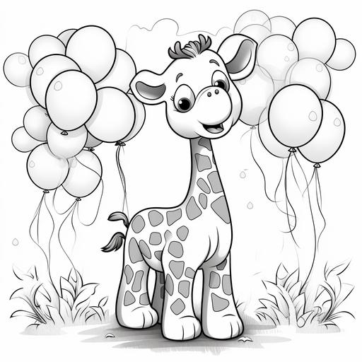 coloring page for kids, giraffe with balloons, cartoon style, thick lines, low detail, no shading ar 9:11