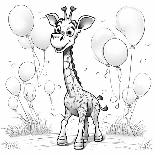 coloring page for kids, giraffe with balloons, cartoon style, thick lines, low detail, no shading ar 9:11