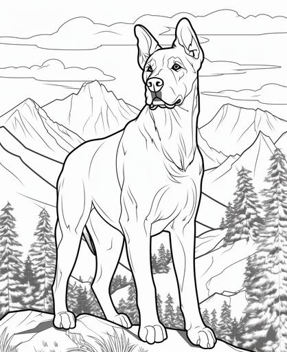 coloring page for kids, great dane, on mountain, cartoon style, low detail, thick lines, no shading --ar 9:11